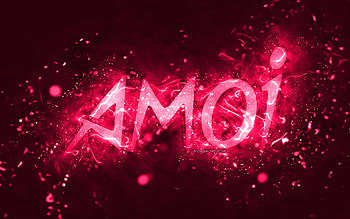 Amoi pink logo, , pink neon lights, creative, pink abstract background, Amoi logo, brands, Amoi HD wallpaper