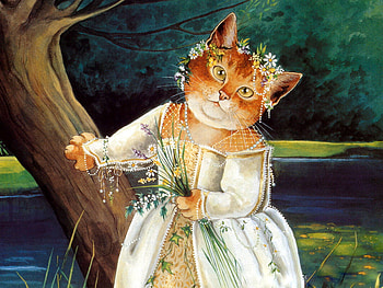 The Bride, river, weddig dress, cat, tree, painting, flowers, water, bride, forest HD wallpaper