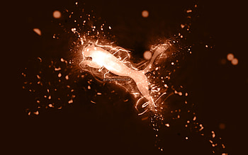 Puma brown logo, , brown neon lights, creative, brown abstract background, Puma logo, brands, Puma HD wallpaper
