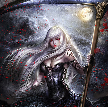 Sweet Death, night, black, long hair, dress, beauty, lady, darkness, fog, abstract, moon, female, girl, dark, woman, death, scythe, anime, white hair, clouds HD wallpaper