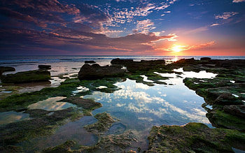 Nature, Sunset, Stones, Sky, Sea, Sun, Rocks, Shore, Bank, Shine, Light, Evening, Silence, Reefs, Low Tide, Puddles HD wallpaper