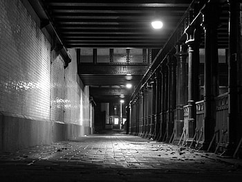 old railway station film noir black and white bridge bricks spooky dark night nighttime HD wallpaper