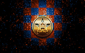 Houston Astros emblem, glitter logo, MLB, orange blue checkered background, american baseball team, Major League Baseball, mosaic art, baseball, Houston Astros HD wallpaper