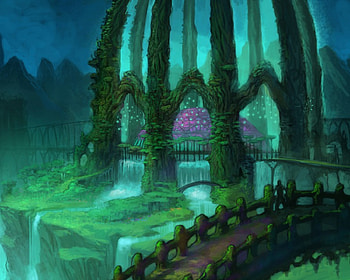 fantasy art, trees, waterfall, bridge, building, mountains HD wallpaper