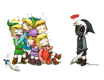 Toon links in shock, dark toon link, colorful, toon link, scary, video games, four swords HD wallpaper