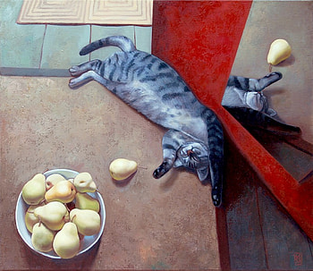 By Marta Kiss * Dream With Pears,2011, kitten, pear, painting, art, marta kiss, fruit, cat, sleep HD wallpaper