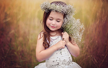 Cute little girl, Field, Dress, Wreath, Child HD wallpaper