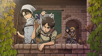 Attack on Titan, Levi, birds, uniform, Mikasa, Shingeki no Kyojin, Armin, weapon, Eren, Scouting Legion HD wallpaper