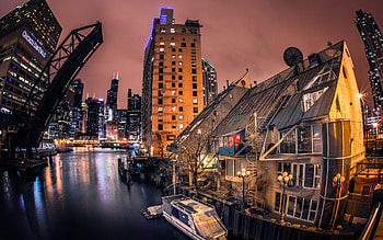 draw bridge on the lovely chicago river r, night, river, open, city, bridge, r HD wallpaper