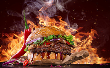 Burger, sandwich, food, fire HD wallpaper