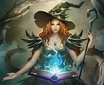 Witch, thong nguyen, fantasy, girl, hat HD wallpaper