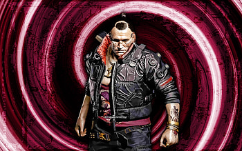 Jackie Welles, purple grunge background, Cyberpunk 2077, RPG, vortex, Cyberpunk 2077 characters, Jackie Welles Cyberpunk 2077 HD wallpaper