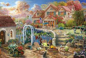 Backyard Retreat, garden, cat, artwork, chairs, ducks, shed, painting, cottage, campfire, flowers HD wallpaper
