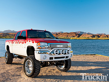 Custom Sierra, white, flames, red, gmc, truck HD wallpaper