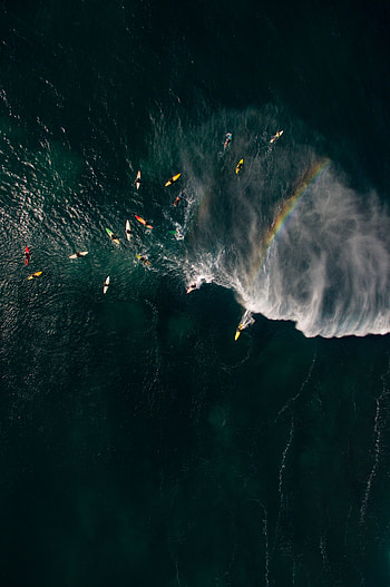 Sports, Sea, Waves, Serfing, Rainbow, View From Above, Surfers HD phone wallpaper