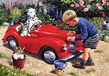 car cleaning, retro, red, vintage, child HD wallpaper