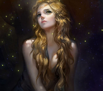 Fireflies, night, cute, long hair, dress, beauty, lady, forst, abstract, blonde hair, fantasy woman, female, art, beautiful, dark, woman, fantasy HD wallpaper