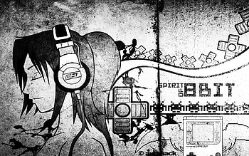8bit girl, music, 8bit, heads, black and white, dark HD wallpaper