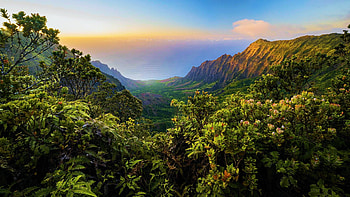 Sunset on the Na Pali Coast in Kauai, sky, mountains, trees, clouds, colors, usa HD wallpaper