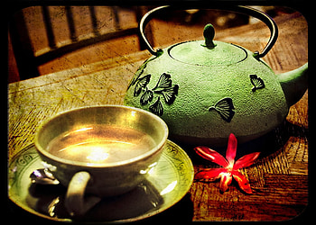 Chinese Tea Time, still life, teacup, tea, flower, green, red, teapot HD wallpaper