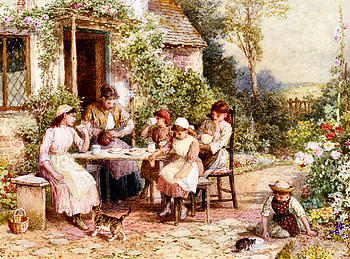 Tea Time at the Cottage, architecture, art, landscape, beautiful, illustration, artwork, scenery, wide screen, painting, flowers, cottage HD wallpaper