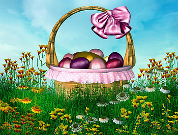 Basket with easter eggs, meadow, beautiful, grass, eggs, nice, basket, day, holiday, time, pretty, freshness, flowers, happy, sky, easter, lovely HD wallpaper