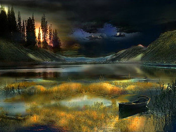 Night atmosphere, night, boat, atmosphere, beach, lake, light, trees, nature, water HD wallpaper