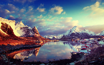 Lofoten Islands, Norway, sea, scandinavia, clouds, sky, rocks, mountains, houses, village HD wallpaper