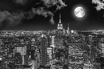 Cities, Usa, Night City, Bw, Chb, United States, Full Moon, New York HD wallpaper
