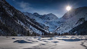 Tyrol, Austria, moon, mountains, evening, snow, trees, landscape HD wallpaper