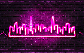 Seoul purple neon silhouette, , purple neon lights, Seoul skyline silhouette, purple brickwall, South Korean cities, neon skyline silhouettes, South Korea, Seoul silhouette, Seoul HD wallpaper