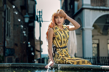 Red Head Girl Hands In Hair Yellow Dress , girls, model, yellow-dress HD wallpaper