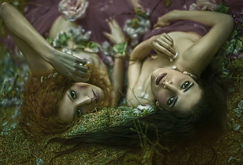Voices from the forest, agnieszka lorek, model, art, girl, louise vattenfall, woman, pink, green, couple, andrea HD wallpaper