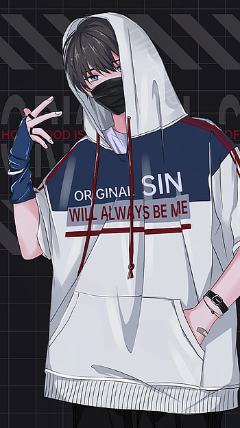 Anime boy, hoodie, white, cartoon, mask HD phone wallpaper