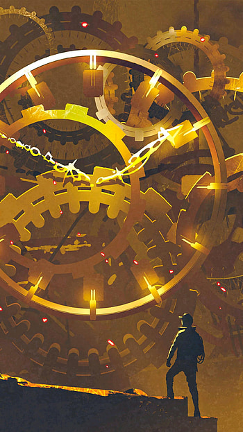 Machine 01, gold, motor, steel, reloj, acero, tiempo, maquina, clock, time HD phone wallpaper