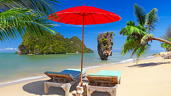 Phuket, Thailand, rocks, blue, sea, umbrella, sand, sky, palm trees HD wallpaper