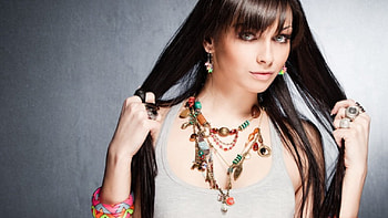 Model, bangs, necklace, bracelet, girl, long hair, tank top HD wallpaper