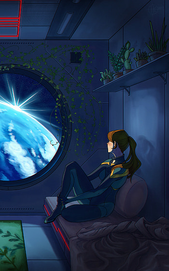 Looking back at earth from a space station room, Sci Fi, woman HD phone wallpaper