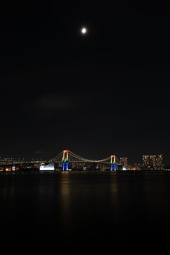 Cities, Water, Moon, Lights, Night City, Bridge HD phone wallpaper