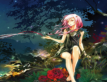 Yuzuriha Inori, night, femlae, cute, spring, rose, sitting, redjuice, sexy, sweet, alone, hot, guilty crown, pink hair, tree, wind, star, anime girl, cool HD wallpaper
