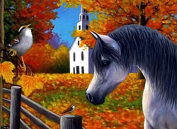 Fence Meeting, artwork, horse, birds, painting, trees, autumn, church HD wallpaper