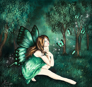 The Green Butterfly, butterflies, butterfly, meadow, forest, woman HD wallpaper