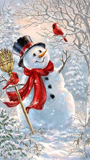Happy Snowman and Cardinal, scarf, hat, snow, artistic, snowman HD phone wallpaper