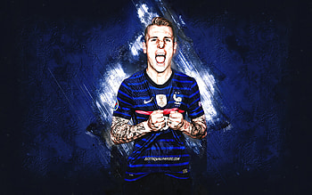 Lucas Digne, France national football team, French footballer, portrait, France, football, blue stone background, grunge art HD wallpaper
