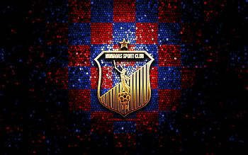Monagas FC, glitter logo, La Liga FutVe, red blue checkered background, soccer, Venezuelan football club, Monagas SC logo, mosaic art, football, Venezuelan Primera Division, Monagas SC HD wallpaper