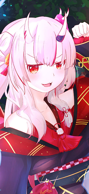 horns, red eyes, pink hair, Nakiri Ayame, hololive, Anime, Virtual Youtuber HD phone wallpaper