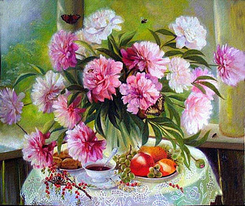 Ермохина Елена. Пионы в саду, still life, table, painting, art, flower, coffee, apple HD wallpaper
