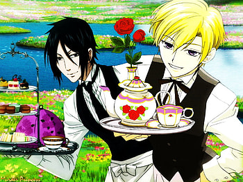 I Prefer the Raven, ohshc, tamaki, tea, suoh, ouran high school host club, sebastian, demon, raven, anime, flower, kuroshitsuji HD wallpaper
