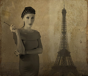 FRENCH CHIC, graphy, paris, art, sepia, french, woman, eiffel tower, madame, textures, chic, cigarette HD wallpaper