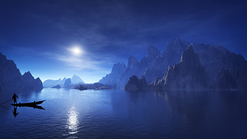 Night Lake Mountain Nature Sea Moon , sea, lake, mountains, nature HD wallpaper